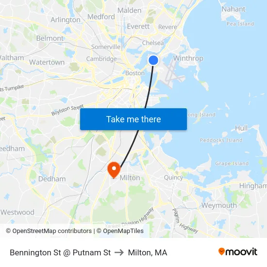 Bennington St @ Putnam St to Milton, MA map