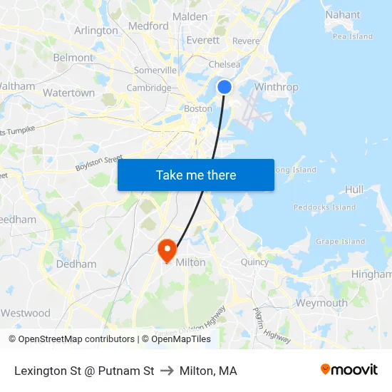 Lexington St @ Putnam St to Milton, MA map