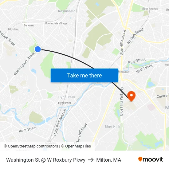 Washington St @ W Roxbury Pkwy to Milton, MA map