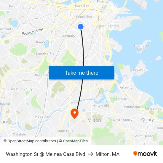 Washington St @ Melnea Cass Blvd to Milton, MA map