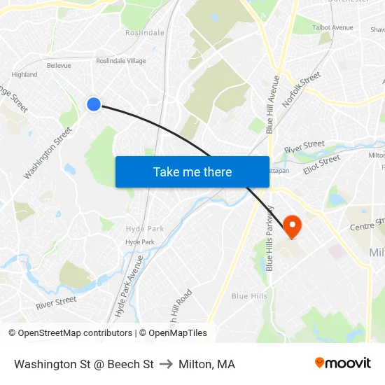 Washington St @ Beech St to Milton, MA map