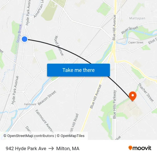 942 Hyde Park Ave to Milton, MA map