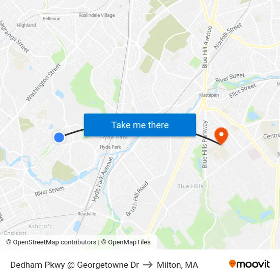 Dedham Pkwy @ Georgetowne Dr to Milton, MA map