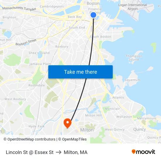 Lincoln St @ Essex St to Milton, MA map