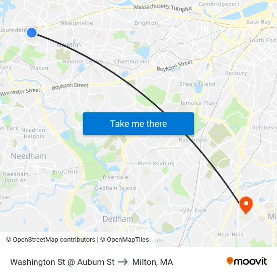 Washington St @ Auburn St to Milton, MA map