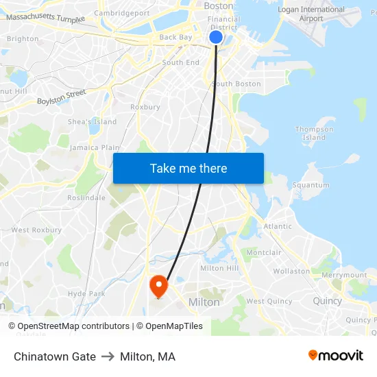 Chinatown Gate to Milton, MA map