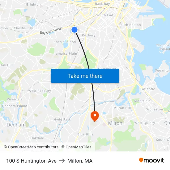 100 S Huntington Ave to Milton, MA map