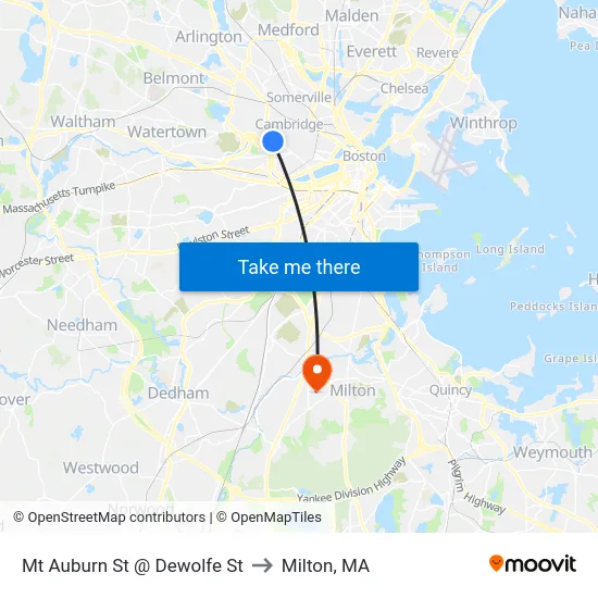 Mt Auburn St @ Dewolfe St to Milton, MA map