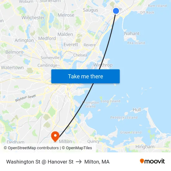 Washington St @ Hanover St to Milton, MA map