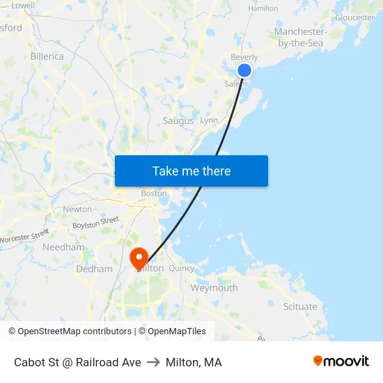 Cabot St @ Railroad Ave to Milton, MA map