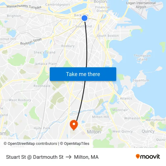 Stuart St @ Dartmouth St to Milton, MA map