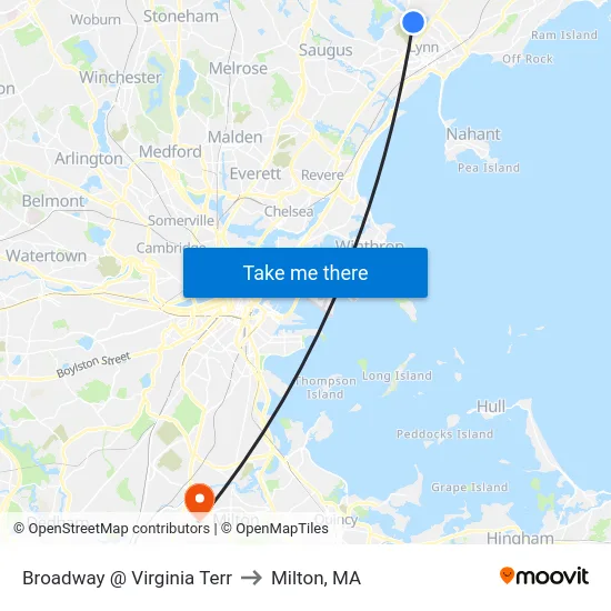 Broadway @ Virginia Terr to Milton, MA map