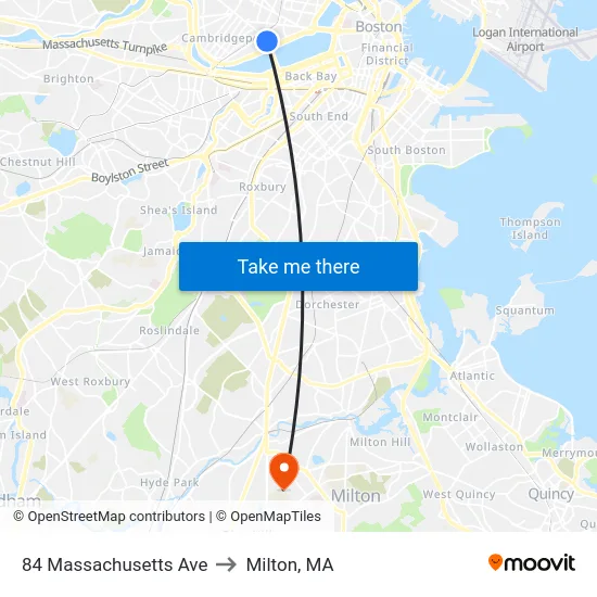 84 Massachusetts Ave to Milton, MA map