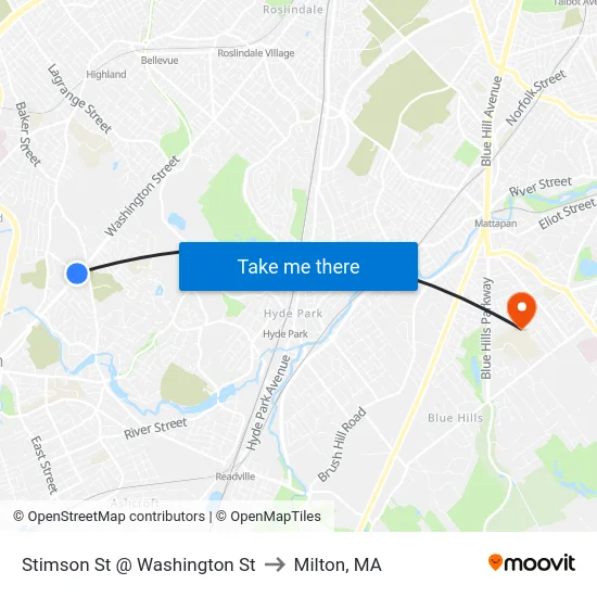 Stimson St @ Washington St to Milton, MA map