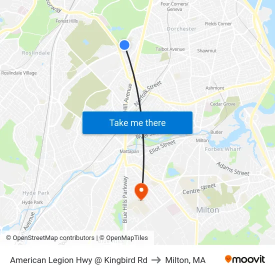 American Legion Hwy @ Kingbird Rd to Milton, MA map