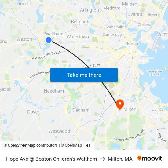 Hope Ave @ Boston Children's Waltham to Milton, MA map