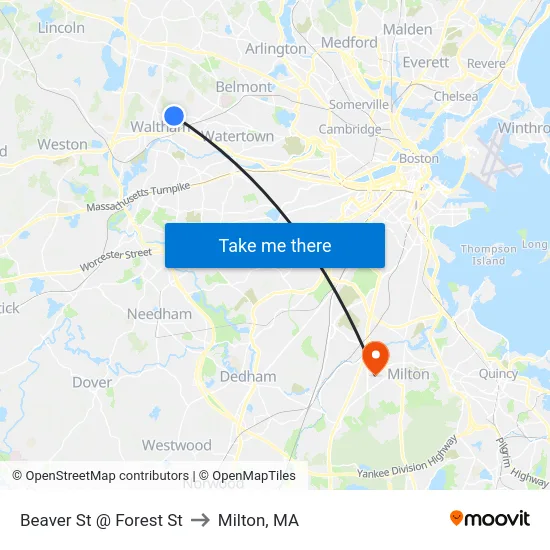 Beaver St @ Forest St to Milton, MA map