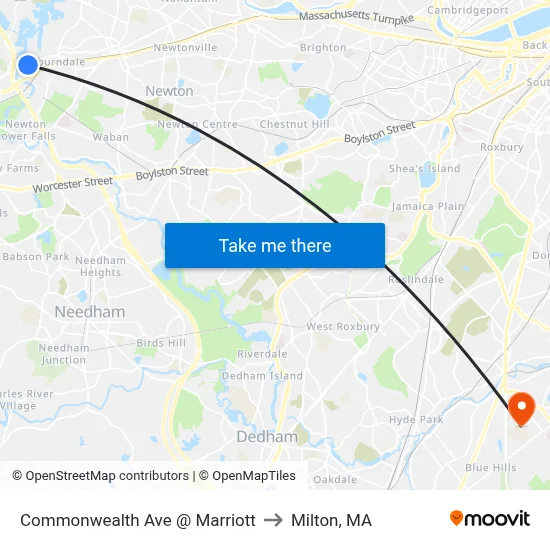 Commonwealth Ave @ Marriott to Milton, MA map