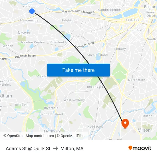 Adams St @ Quirk St to Milton, MA map