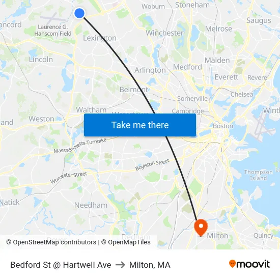 Bedford St @ Hartwell Ave to Milton, MA map