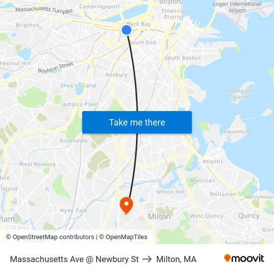 Massachusetts Ave @ Newbury St to Milton, MA map