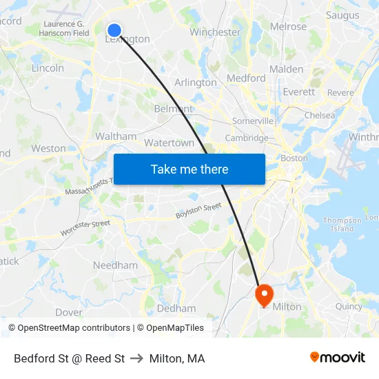 Bedford St @ Reed St to Milton, MA map