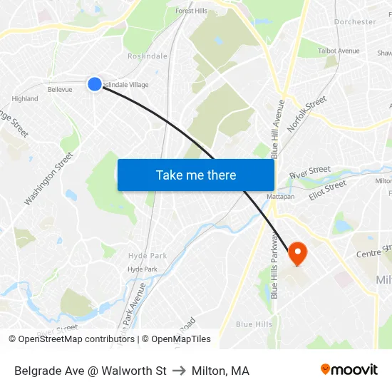Belgrade Ave @ Walworth St to Milton, MA map
