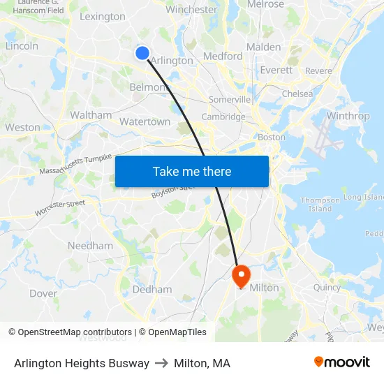 Arlington Heights Busway to Milton, MA map