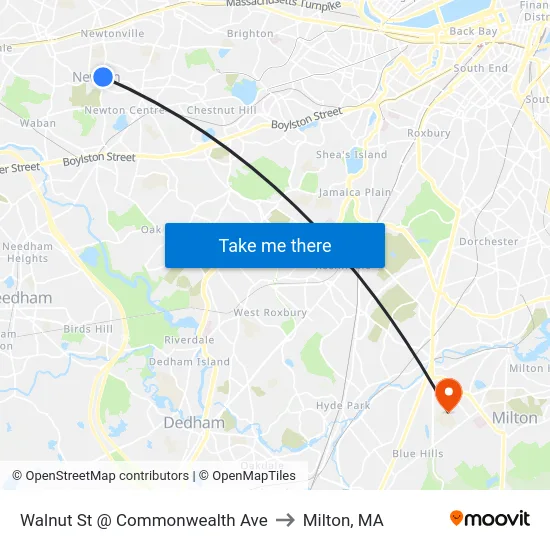 Walnut St @ Commonwealth Ave to Milton, MA map