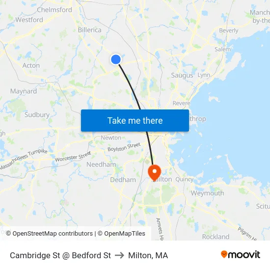 Cambridge St @ Bedford St to Milton, MA map