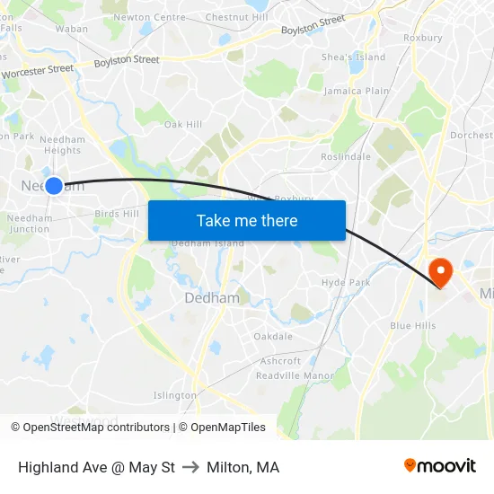 Highland Ave @ May St to Milton, MA map