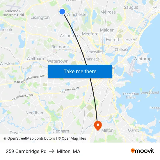 259 Cambridge Rd to Milton, MA map