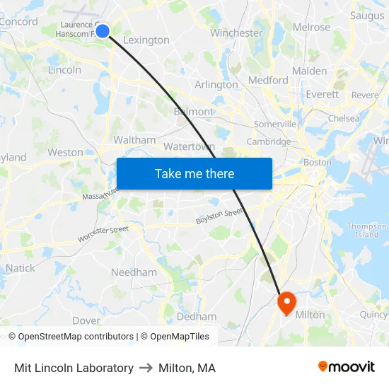 Mit Lincoln Laboratory to Milton, MA map