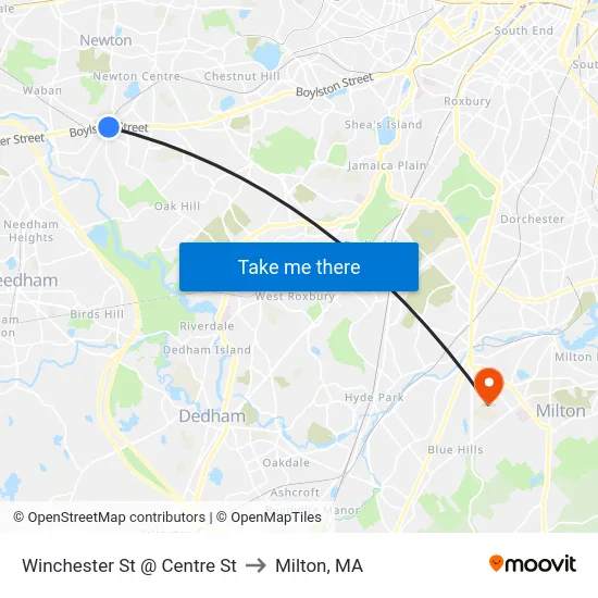 Winchester St @ Centre St to Milton, MA map