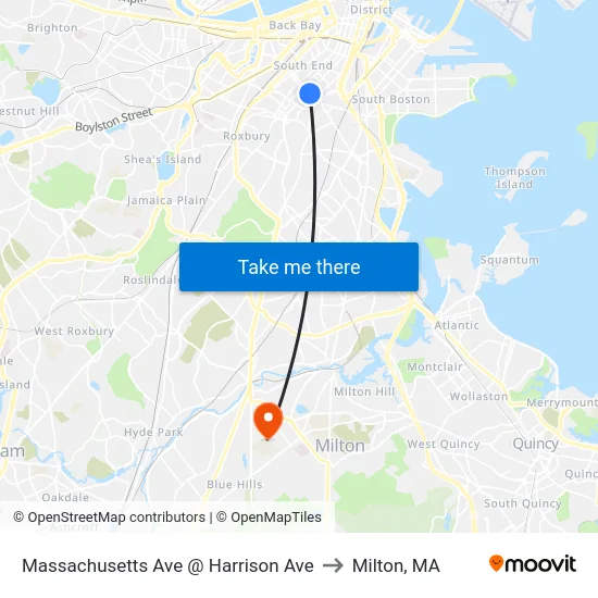 Massachusetts Ave @ Harrison Ave to Milton, MA map