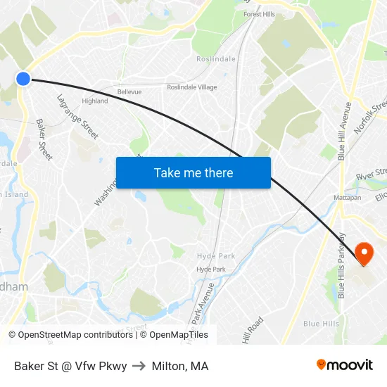 Baker St @ Vfw Pkwy to Milton, MA map