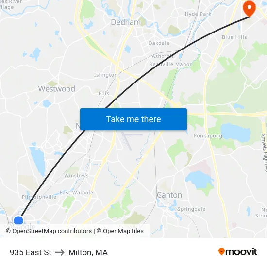 935 East St to Milton, MA map