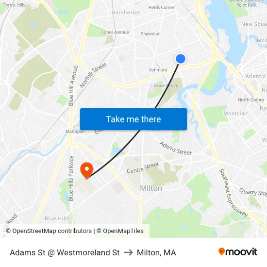 Adams St @ Westmoreland St to Milton, MA map