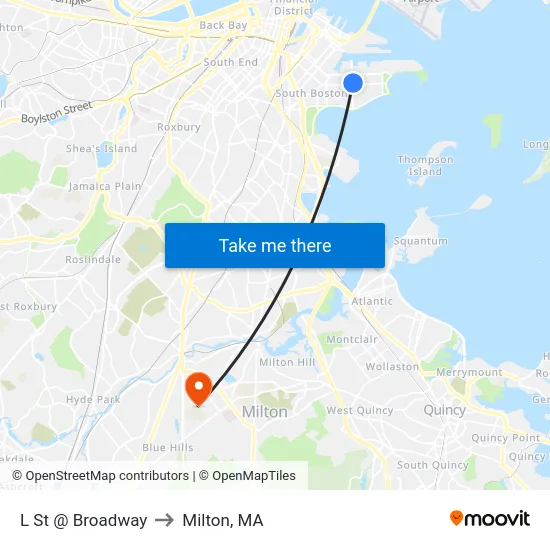 L St @ Broadway to Milton, MA map