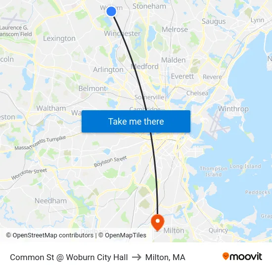 Common St @ Woburn City Hall to Milton, MA map