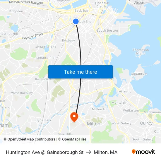 Huntington Ave @ Gainsborough St to Milton, MA map
