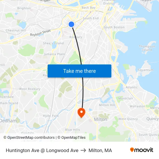 Huntington Ave @ Longwood Ave to Milton, MA map