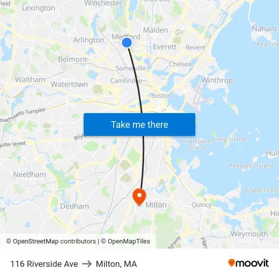 116 Riverside Ave to Milton, MA map