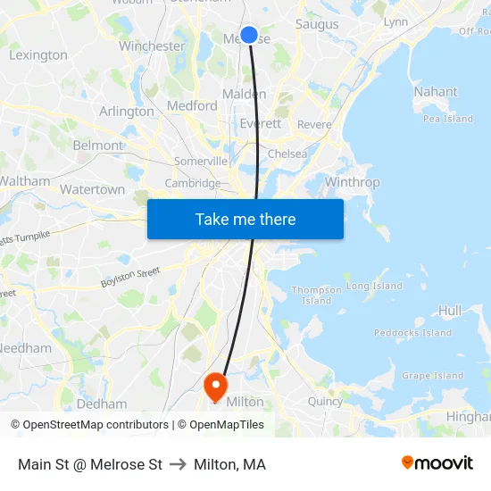 Main St @ Melrose St to Milton, MA map