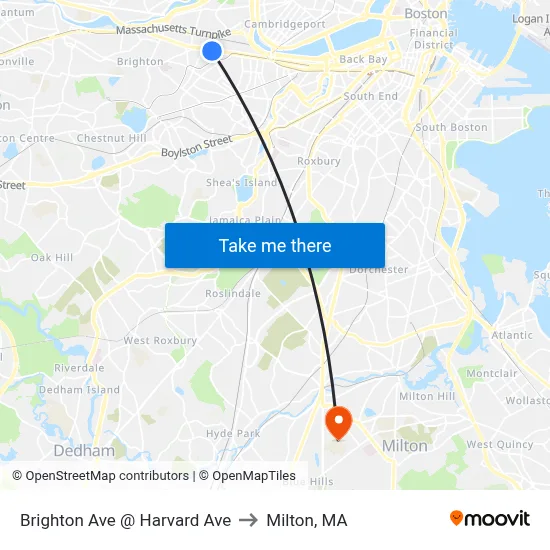 Brighton Ave @ Harvard Ave to Milton, MA map