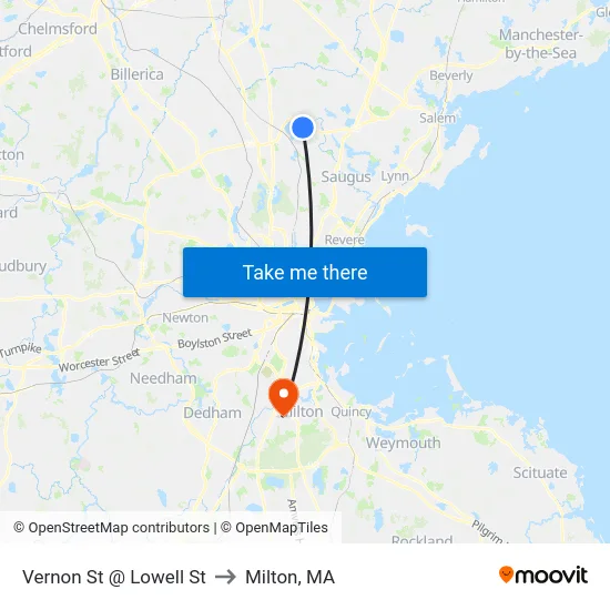 Vernon St @ Lowell St to Milton, MA map