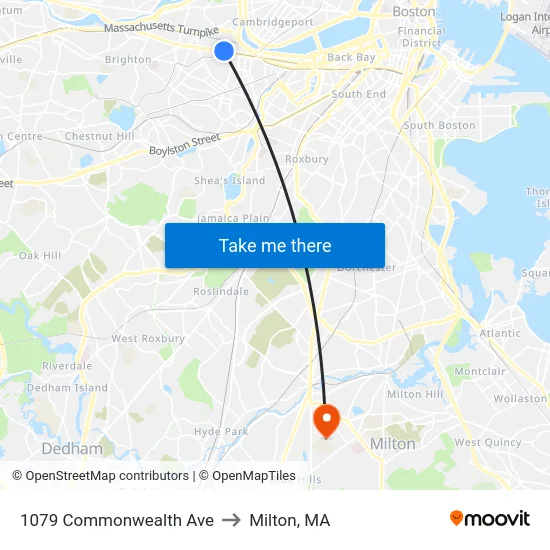 1079 Commonwealth Ave to Milton, MA map
