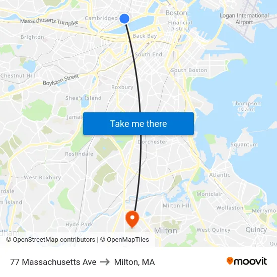 77 Massachusetts Ave to Milton, MA map