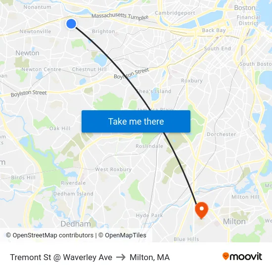 Tremont St @ Waverley Ave to Milton, MA map