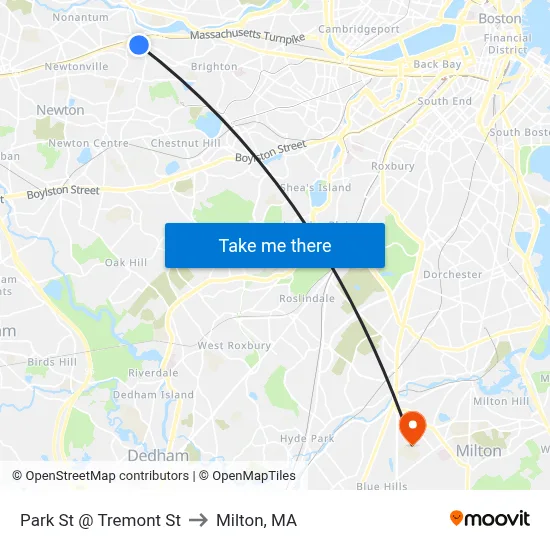 Park St @ Tremont St to Milton, MA map